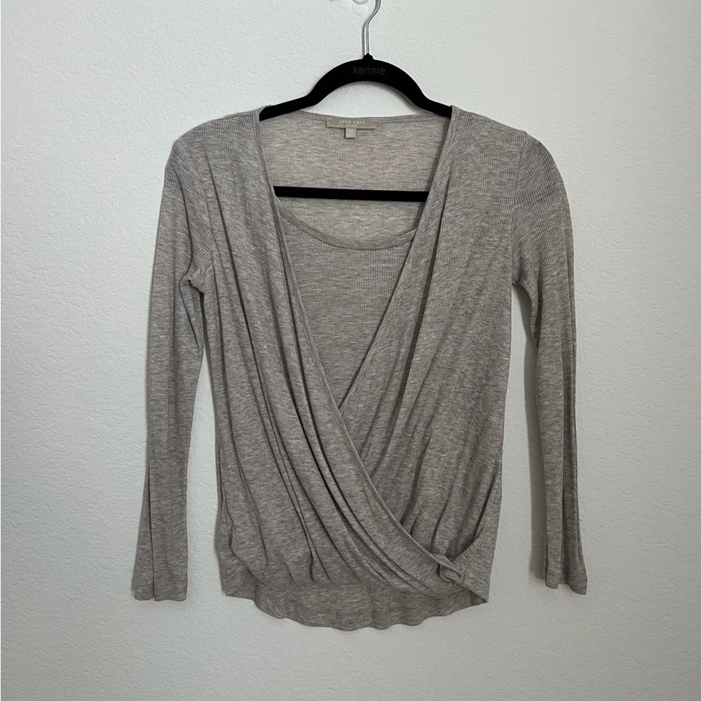 Joan Vass Studio oatmeal ribbed drape cowl neck blouse shirt top XS